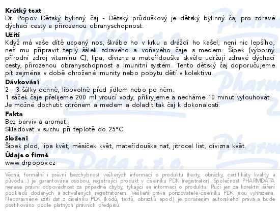 Příbalový leták - Dr.Popov Dětský bylinný čaj průduškový 20x1.5g
