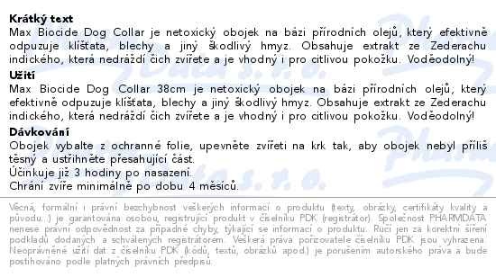 Příbalový leták - Max Biocide Dog Collar obojek pro psy 38cm