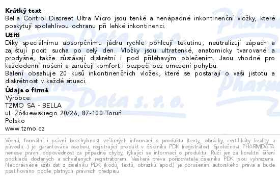 Příbalový leták - Bella Control discreet inko.vložky ultra micro20ks