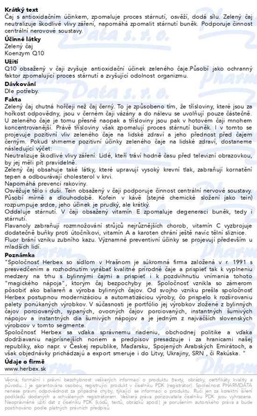 Příbalový leták - HERBEX Zelený čaj s Q10 Premium Tea 20 nálevových sáčků 1,5g
