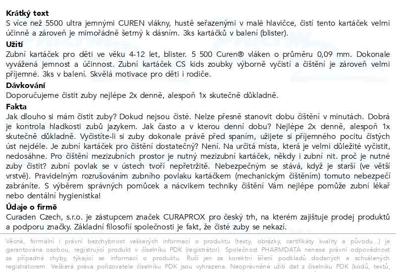 Příbalový leták - CURAPROX CS Kids dětský kartáček pro 4-12 let 3ks