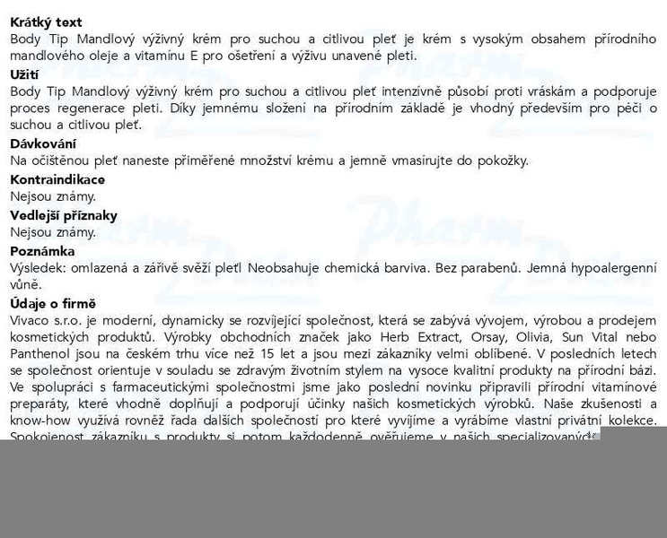 Příbalový leták - BodyTip Mandlový výživný krém suchá/citl.pleť 50ml