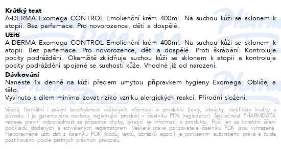 Příbalový leták - A-DERMA Exomega CONTROL Emolienční krém 400ml