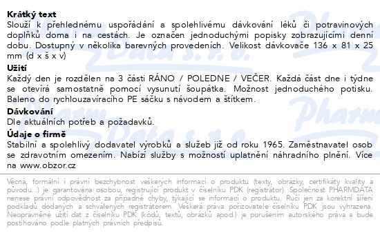 Příbalový leták - Dávkovač léků OBZOR typ 02 týdenní bílý