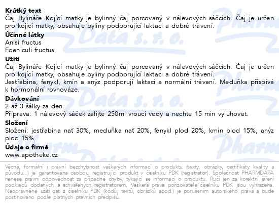 Příbalový leták - Čaj Bylináře Kojící matky 40x1.6g