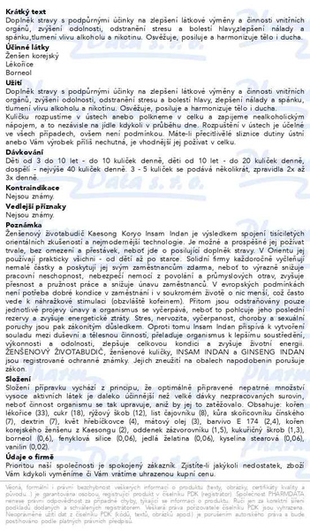 Příbalový leták - Ženšenový životabudič K.K.Insam Indan3g=200kuliček