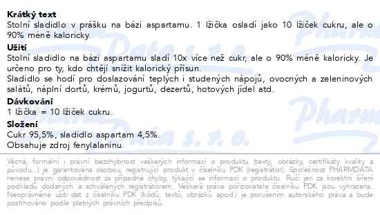 Příbalový leták - Irbis Aspartam  Big Sweet 10x sladší - sypké sladidlo 200 g