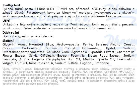 Příbalový leták - HERBADENT REMIN posilující zubní pasta 75g