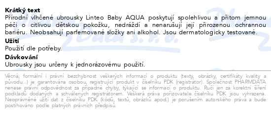 Příbalový leták - Vlhčené ubrousky LINTEO BABY AQUA 48ks