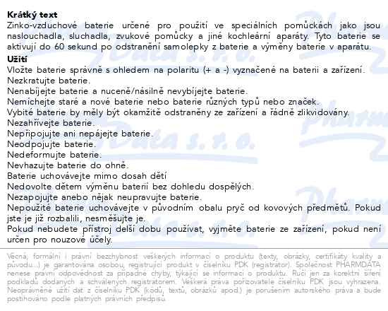 Příbalový leták - TESLA BATTERIES A312 Hearing aid (PR41) 6ks