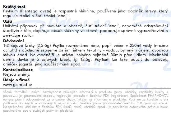 Příbalový leták - Psyllium indická rozpustná vláknina 200g Galmed