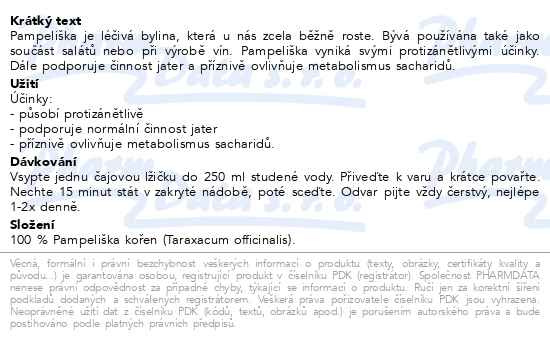 Příbalový leták - Allnature Čaj Pampeliška kořen 250g