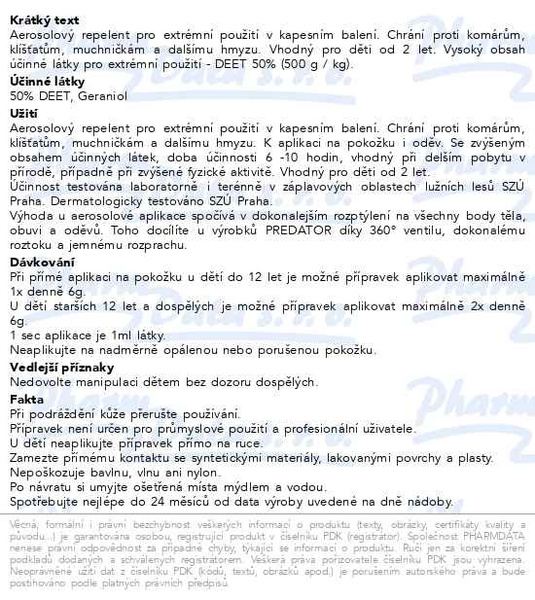 Příbalový leták - Repelent Predator MAXX sprej 90ml