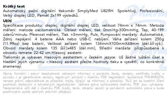 Příbalový leták - SimplyMed Automatický pažní digitál.tlakoměr U82RH