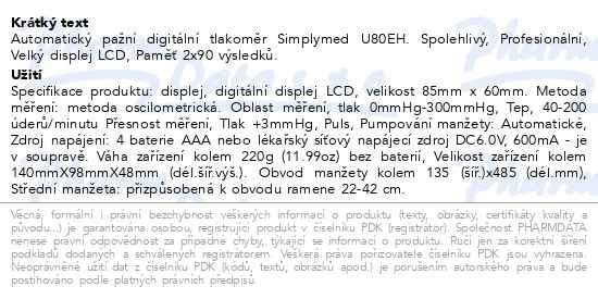 Příbalový leták - SimplyMed Pažní digitál.tlakoměr s adapterem U80EH