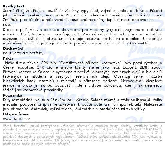 Příbalový leták - Saloos Levandulová voda 100% BIO 100ml