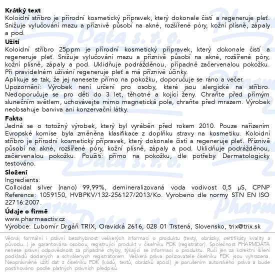 Příbalový leták - Koloidní stříbro Ag100 25ppm 300ml
