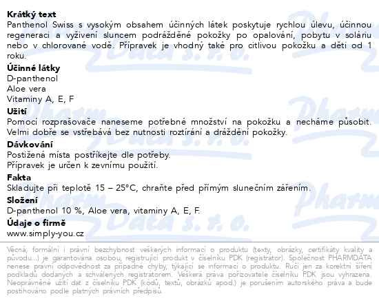Příbalový leták - Panthenol 10% Swiss Premium spray 150+25ml ZDARMA
