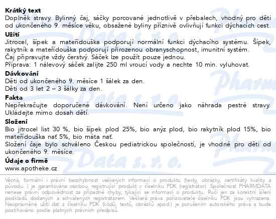 Příbalový leták - Dětský BIO Pohádkový čaj Průduškový 20x1.5g