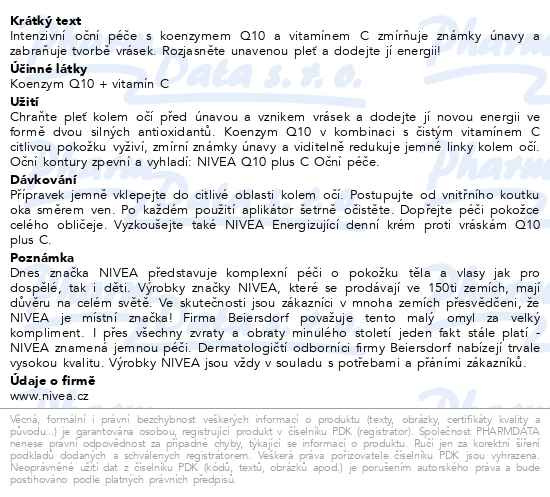 Příbalový leták - NIVEA oční krém proti vráskám Q10 plus C 15ml