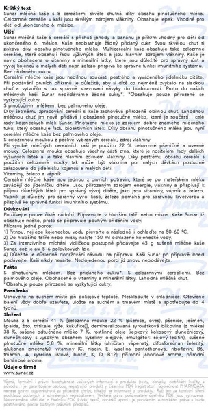Příbalový leták - Sunar mléčná kaše s 8 cereáliemi jahoda, banán 210g