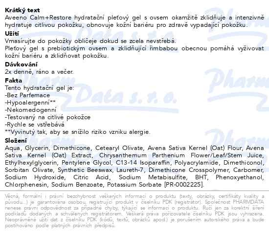 Příbalový leták - Aveeno Calm+Restore pleťový gel 50ml
