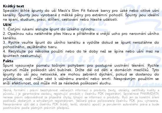 Příbalový leták - Macks Slim Fit špunty do uší 10 párů