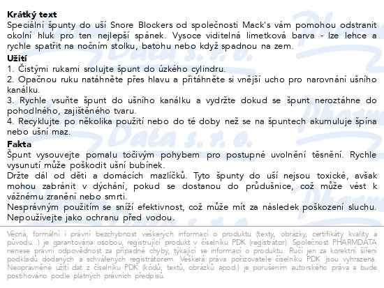 Příbalový leták - Macks Snore Blockers špunty do uší 50 párů
