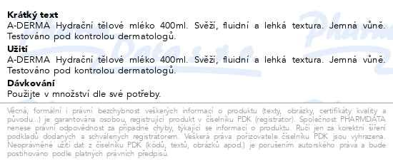Příbalový leták - A-DERMA Hydratační tělové mléko 400ml