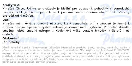 Příbalový leták - CHICCO Hrneček učící Transition s držadly 200 ml modrý 4m+