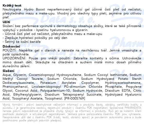 Příbalový leták - Neutrogena Hydro Boost neparfémovaný čisticí gel 200ml