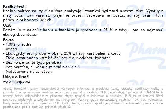 Příbalový leták - KNEIPP Balzám na rty Aloe Vera 4.7g