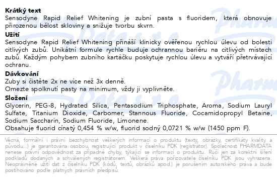 Příbalový leták - Sensodyne Rapid Whitening zubní pasta pro citlivé zuby 75ml