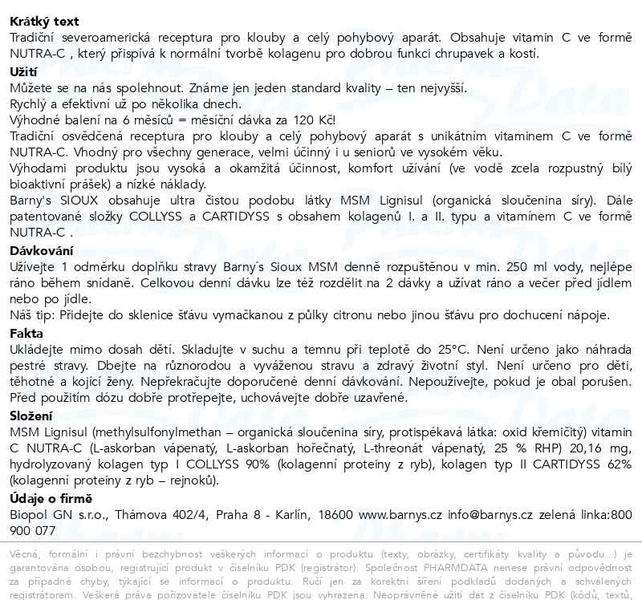 Příbalový leták - Barnys Sioux MSM 600g