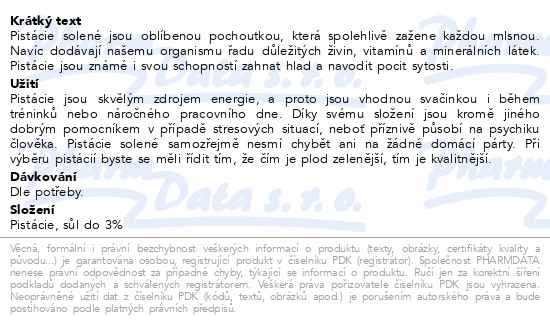 Příbalový leták - Allnature Pistácie pražené solené 1000g