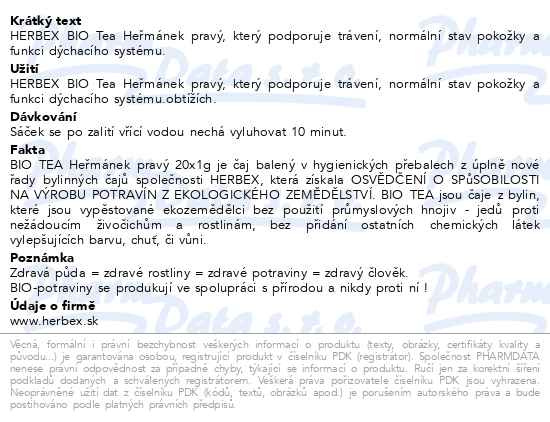 Příbalový leták - HERBEX BIO Tea Heřmánek pravý n.s.20x1g