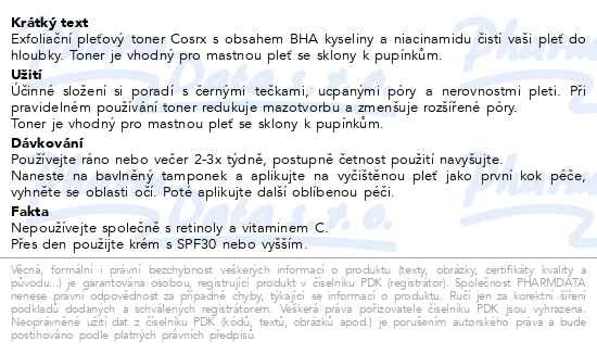 Příbalový leták - COSRX BHA exfoliační pleťový toner 100ml