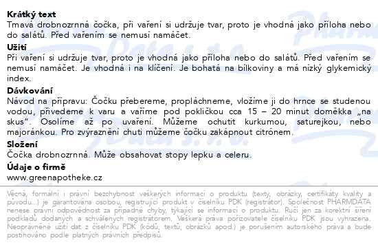 Příbalový leták - Green Apotheke Čočka zelená tmavá neloupaná 500g