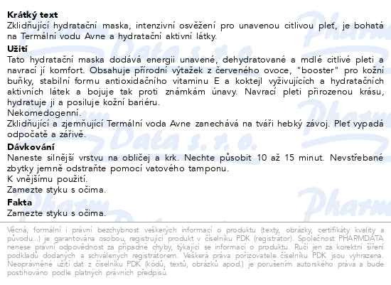 Příbalový leták - AVENE Zklidňující hydratační maska 50 ml