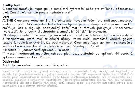 Příbalový leták - AVENE Cleanance Aqua gel zmatňující 50ml