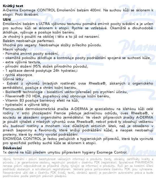 Příbalový leták - A-DERMA Exomega CONTROL Emolienční balzám 400ml