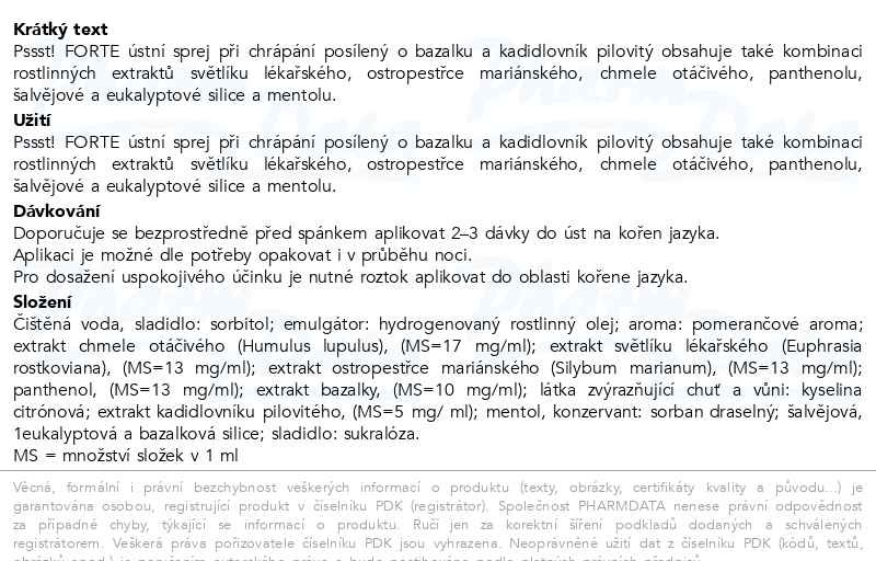 Příbalový leták - Pssst! FORTE ústní sprej při chrápání 15+10 ml