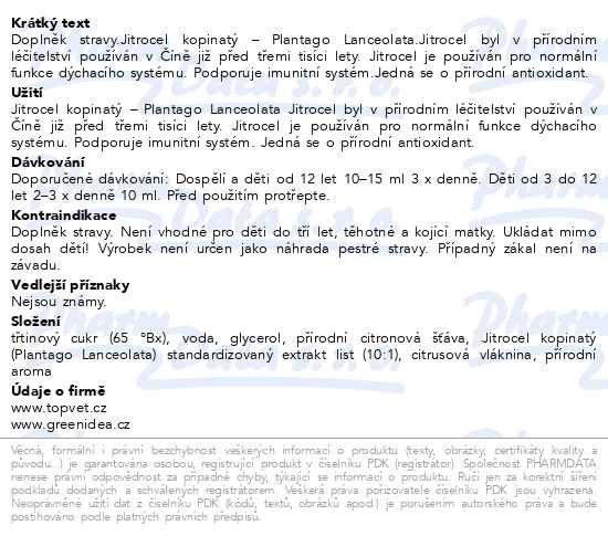 Příbalový leták - Green idea Sirup jitrocel třtinový 250ml