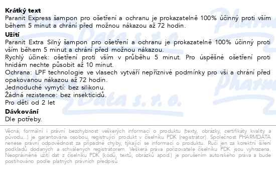Příbalový leták - Paranit Express Šampon 100ml+hřeben