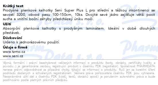 Příbalový leták - Seni Super Plus inkon.plenkové kalhotky L 10ks
