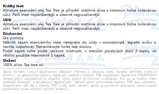 Příbalový leták - Allnature Esenciální olej Tea Tree 10ml