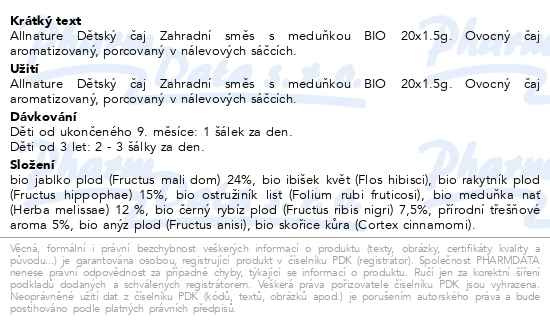 Příbalový leták - Allnature BIO Dětský čaj Zahradní směs s meduňkou 20x1,5 g