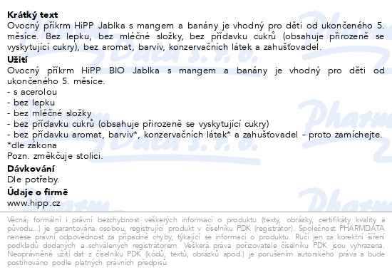 Příbalový leták - HiPP OVOCE BIO Jablka s mangem a banány 190g