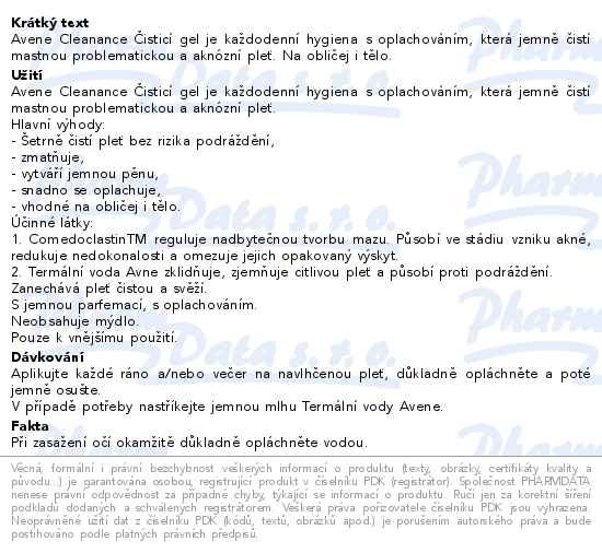 Příbalový leták - AVENE Cleanance Čisticí gel 200ml