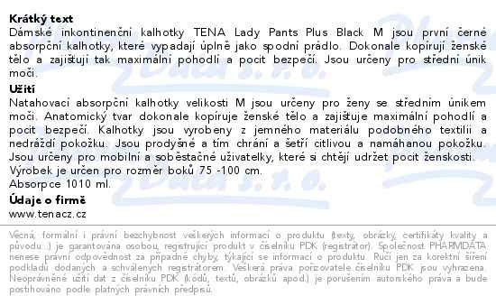 Příbalový leták - TENA Lady Pants Plus Black M inkontinenční kalhotky 9ks